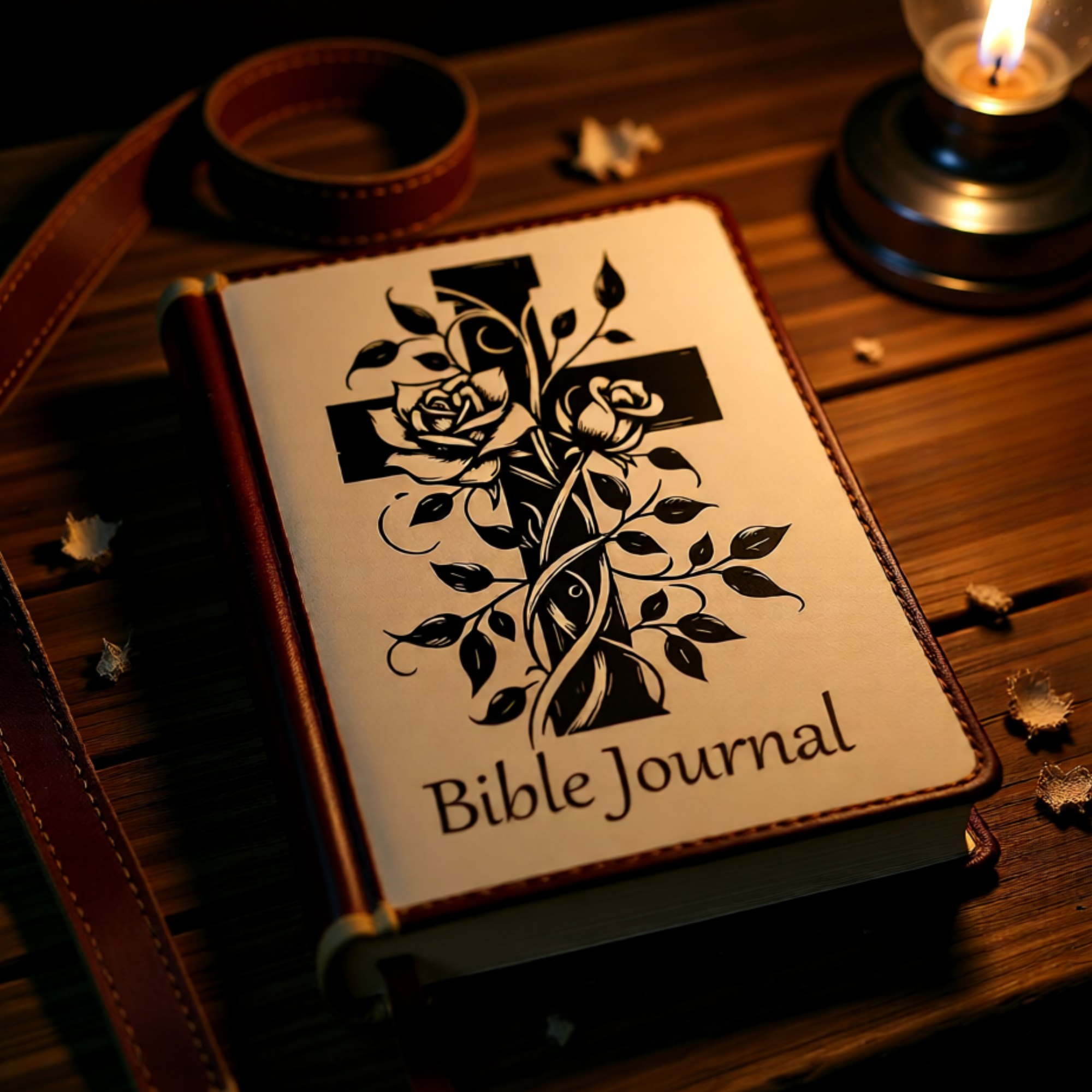 Burned journal cover featuring a floral cross pyrography design