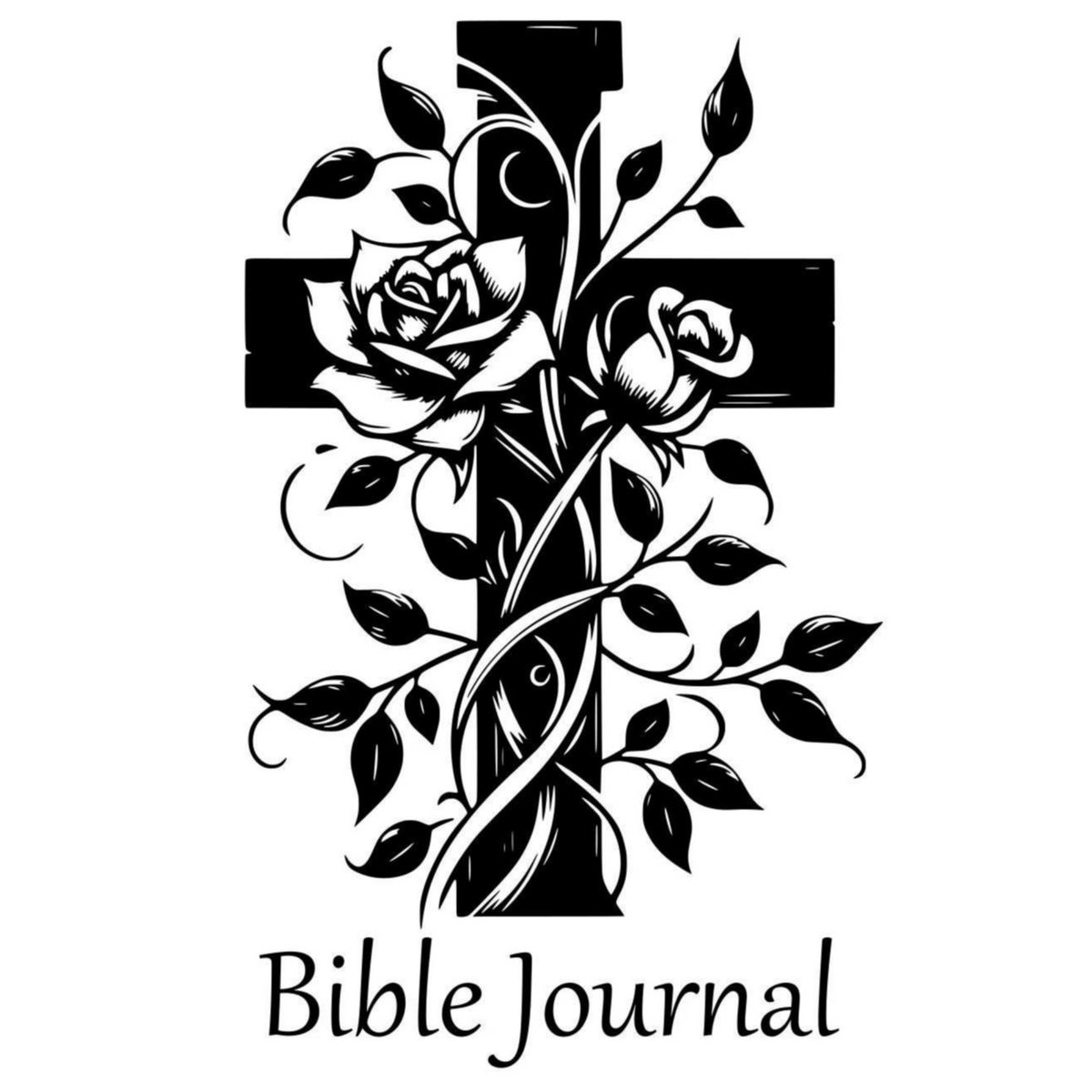 Decorative cross with roses and leaves on a white background, featuring the text 'Bible Journal'.