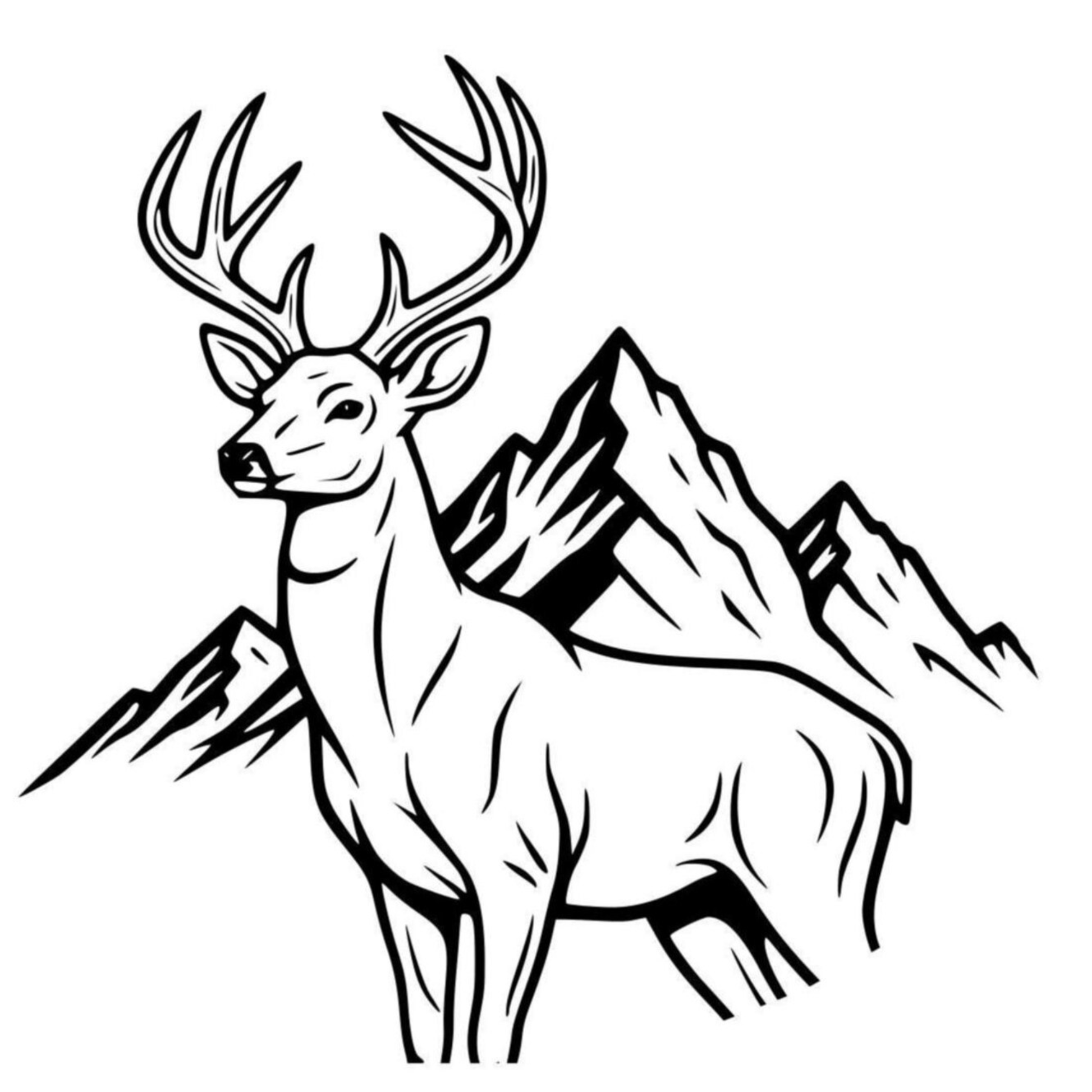 Black and white illustration of a deer with mountains in the background