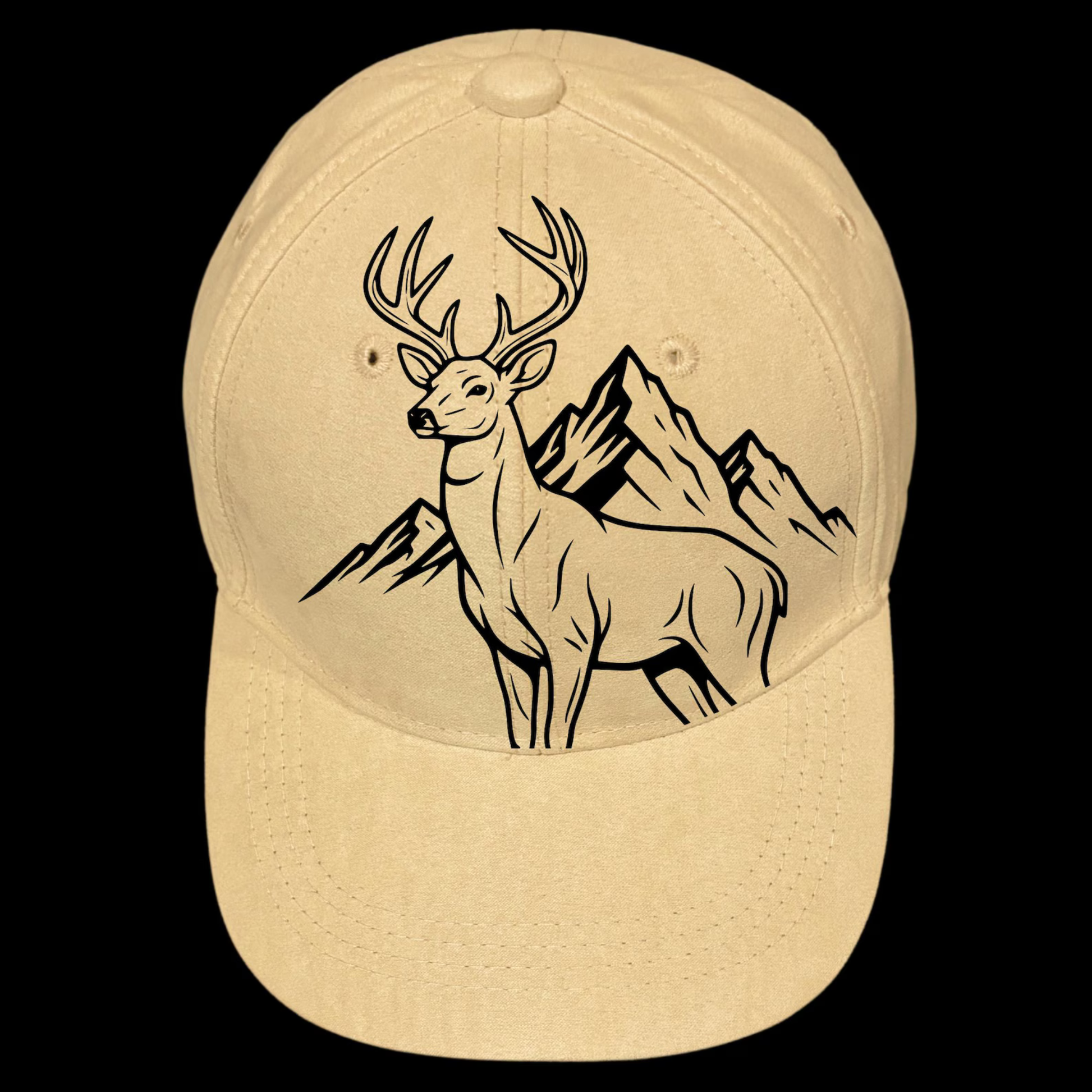 Baseball cap with a deer and mountain design on a black background