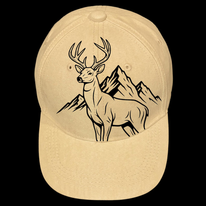 Baseball cap with a deer and mountain design on a black background