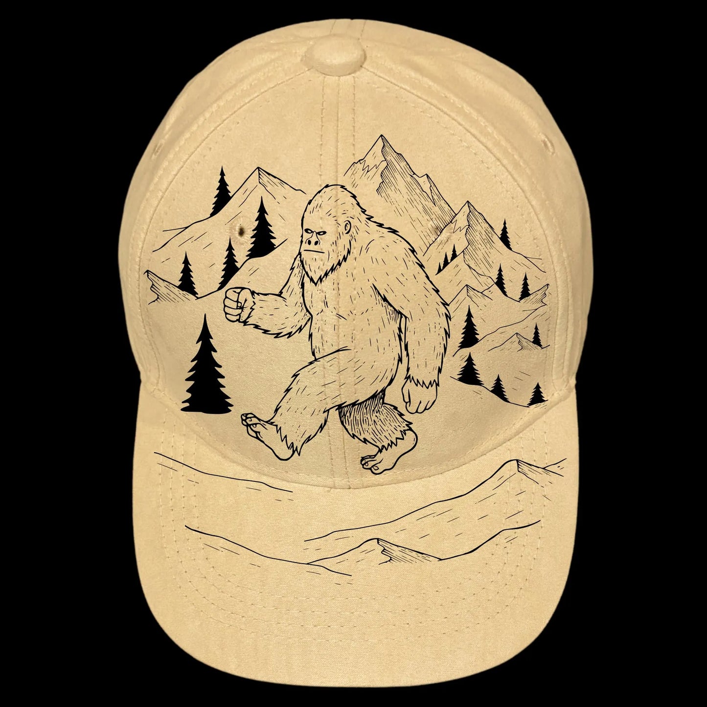 Baseball cap with a Bigfoot and mountain design on a black background