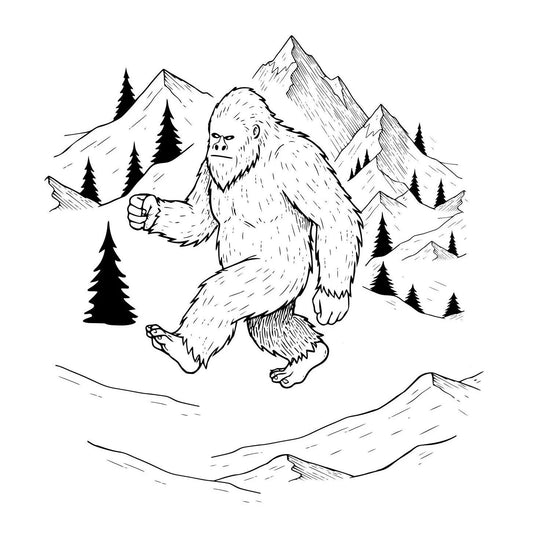 Outline of a Sasquatch or Bigfoot walking in a mountainous landscape with trees baseball cap design