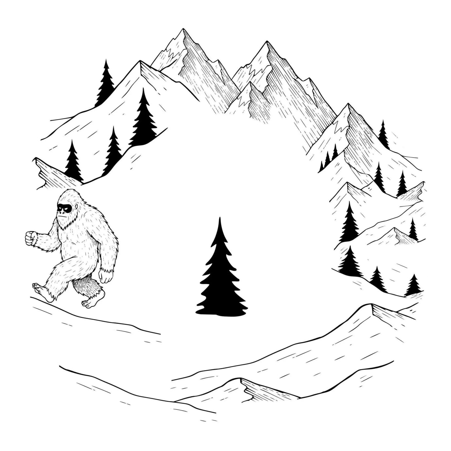 Black and white illustration of a mountain landscape with trees and a large bigfoot creature.