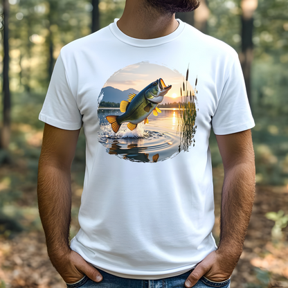 Big Mouth Large Bass PNG digital design on a man's white -shirt
