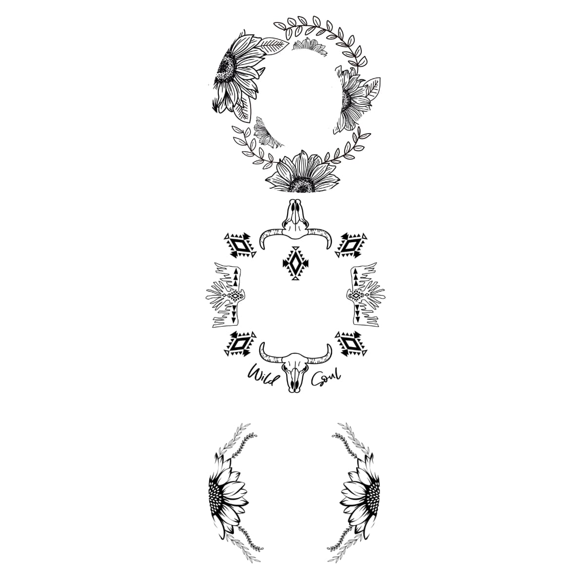 Collection of black floral and nature-themed designs on a white background