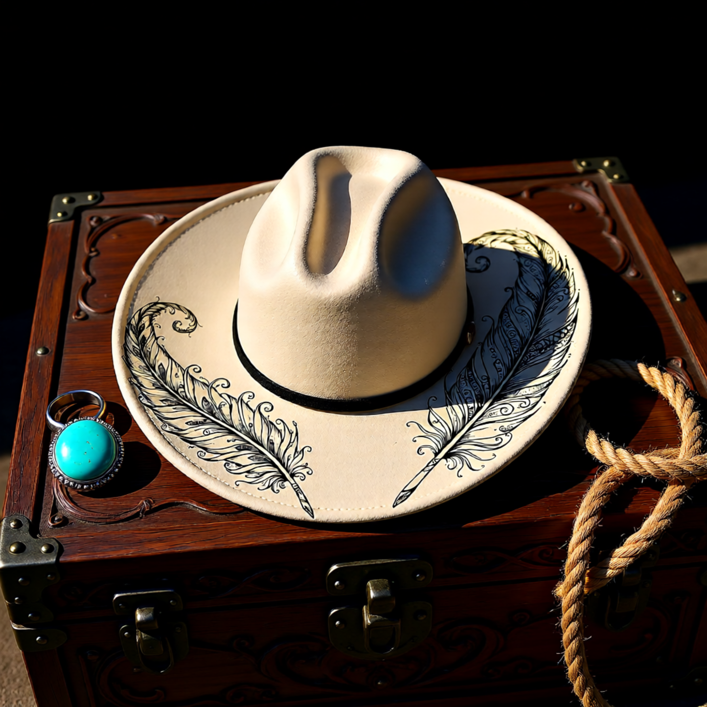Beige cowboy hat with feather designs on a wooden box