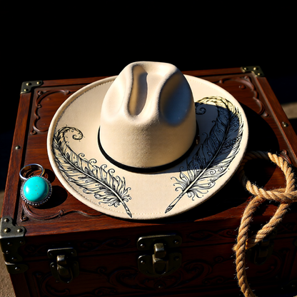 Beige cowboy hat with feather designs on a wooden box
