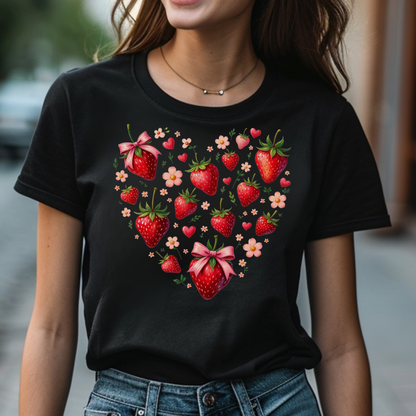 Boho Strawberries Heart Floral digital design on a woman's black t-shirt