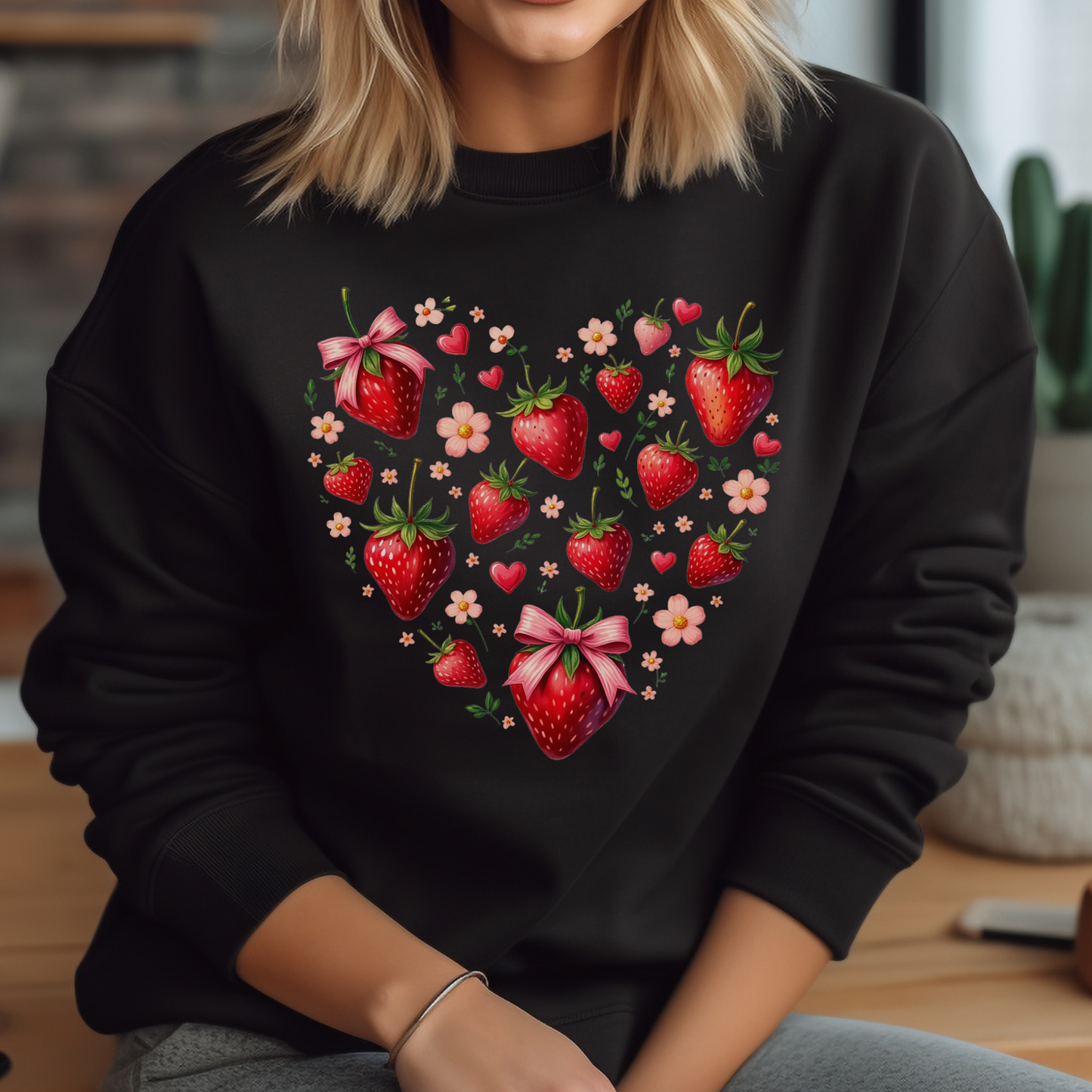Boho Strawberries Heart Floral digital design on a woman's black sweatshirt