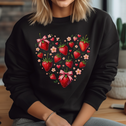 Boho Strawberries Heart Floral digital design on a woman's black sweatshirt