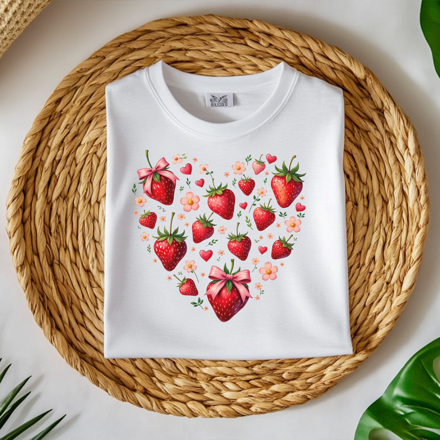 Boho Strawberries Heart Floral digital design on a folded t-shirt