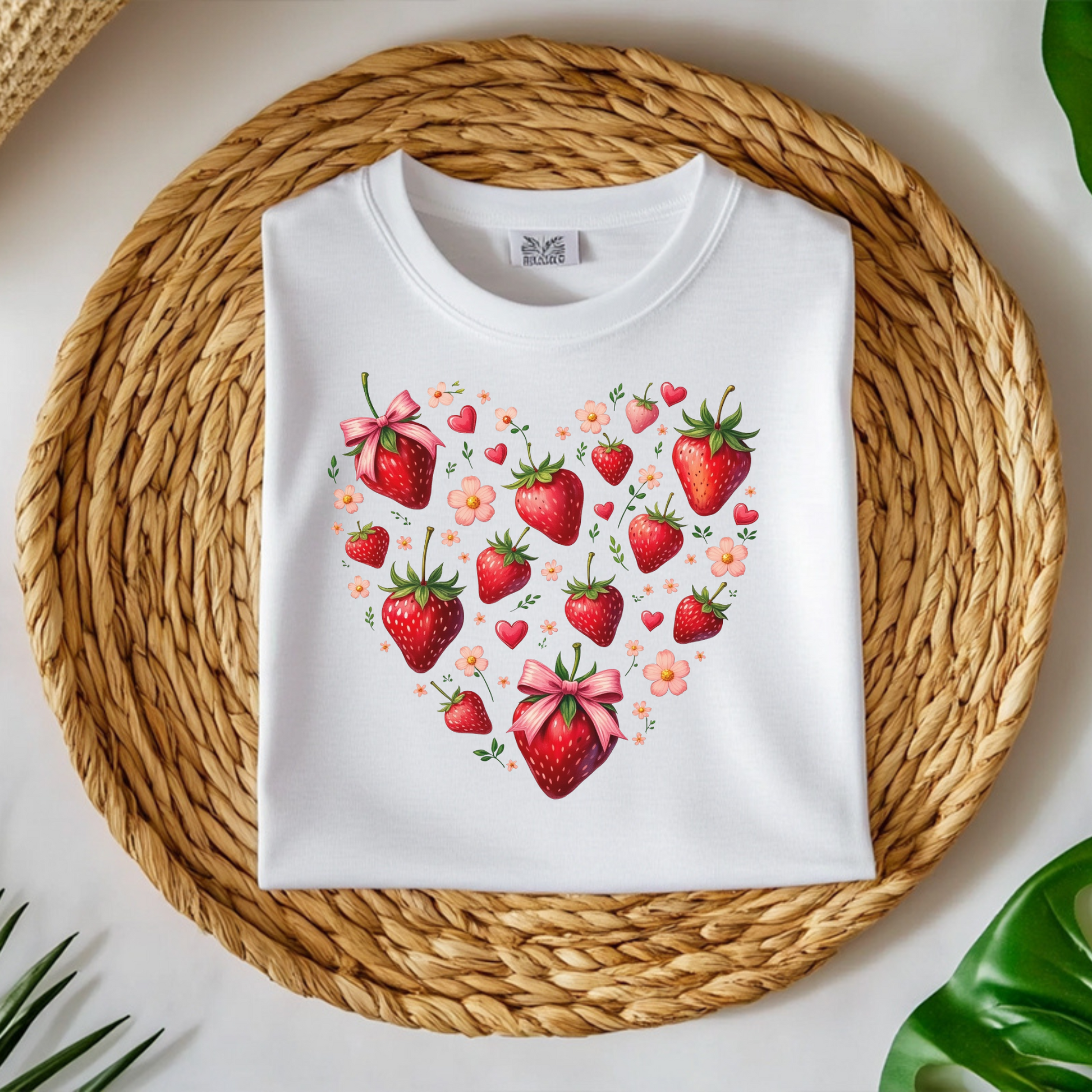 Boho Strawberries Heart Floral digital design on a folded t-shirt