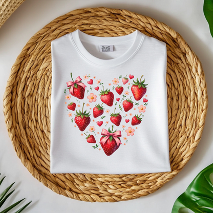 Boho Strawberries Heart Floral digital design on a folded t-shirt