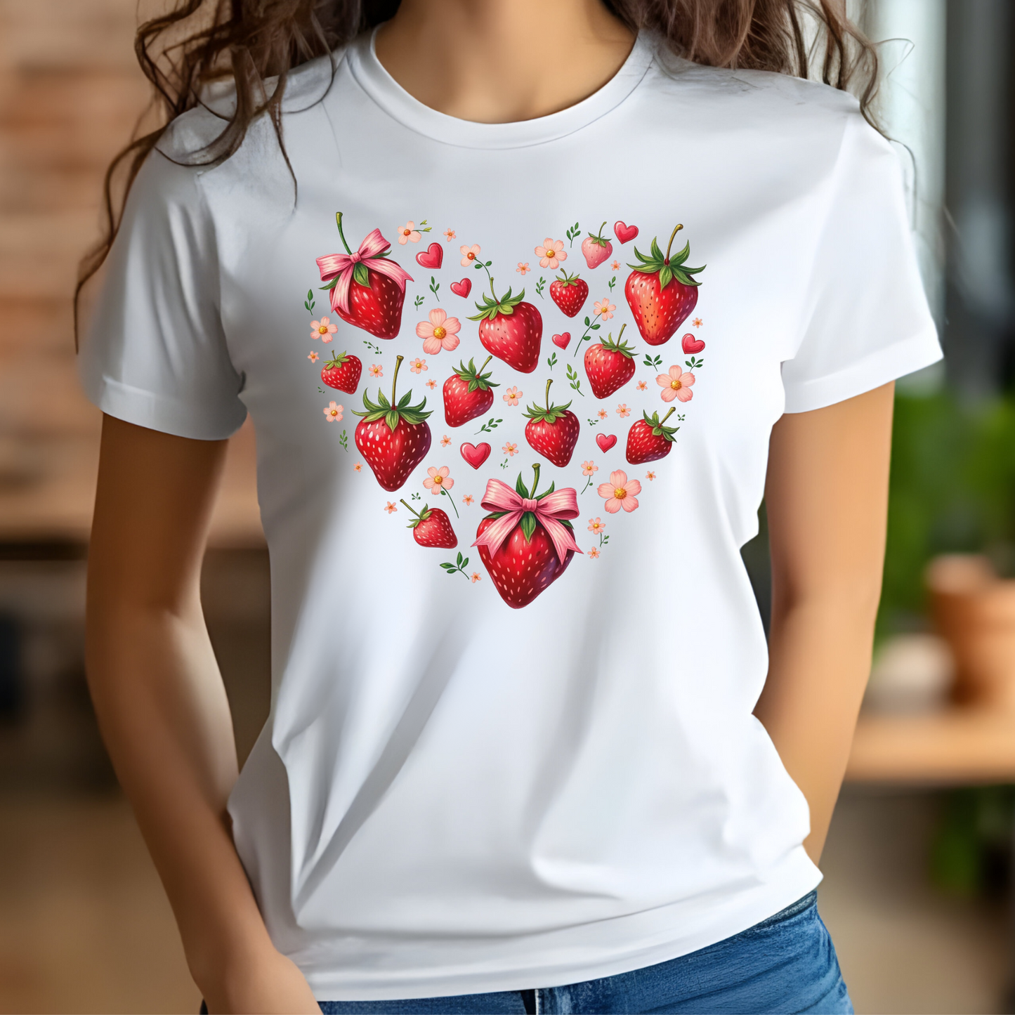 Boho Strawberries Heart Floral digital design on a woman's white t-shirt