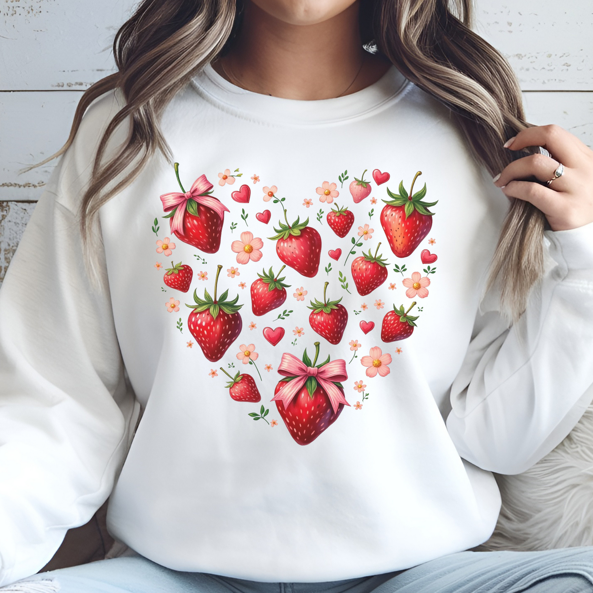 Boho Strawberries Heart Floral digital design on a woman's white sweatshirt