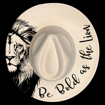 A hat burning design with a lion's head and the text 'Be Bold as the Lion' on a black background