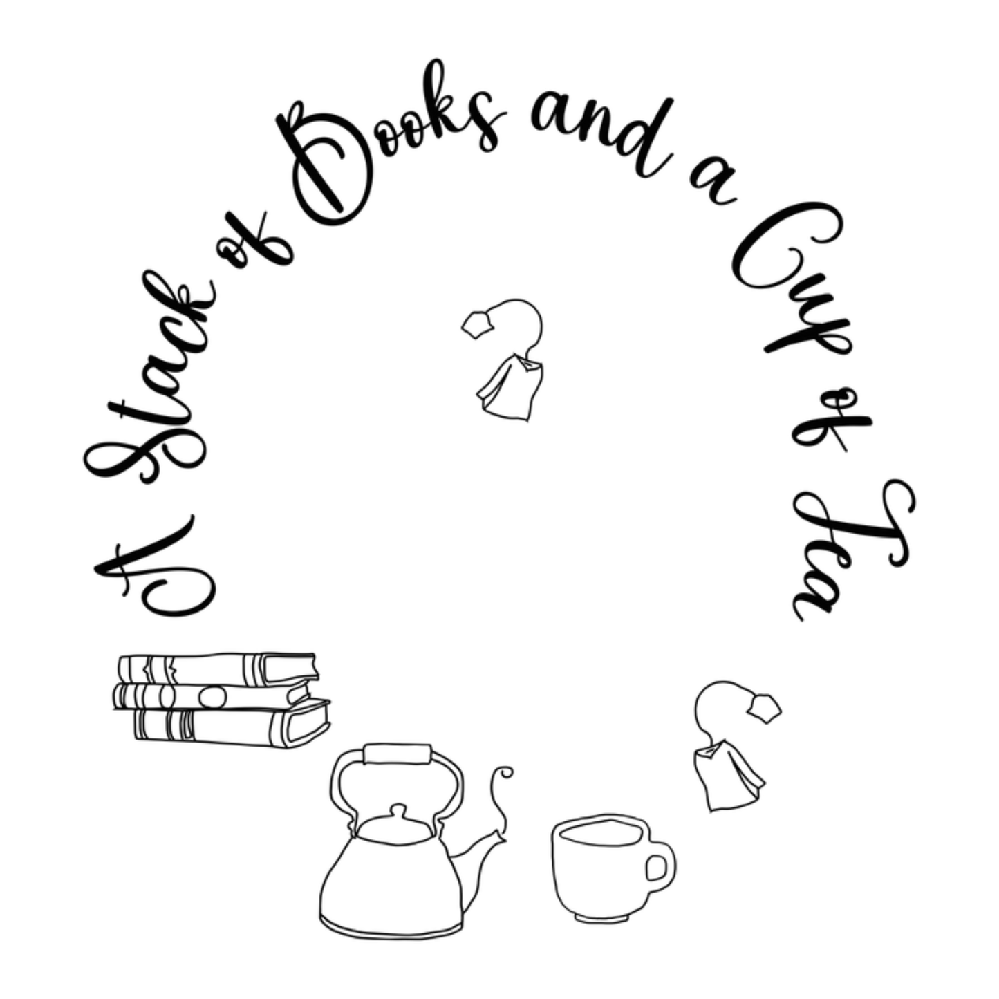 Illustration of books and a teacup with text 'A Stack of Books and a Cup of Tea' on a white background.