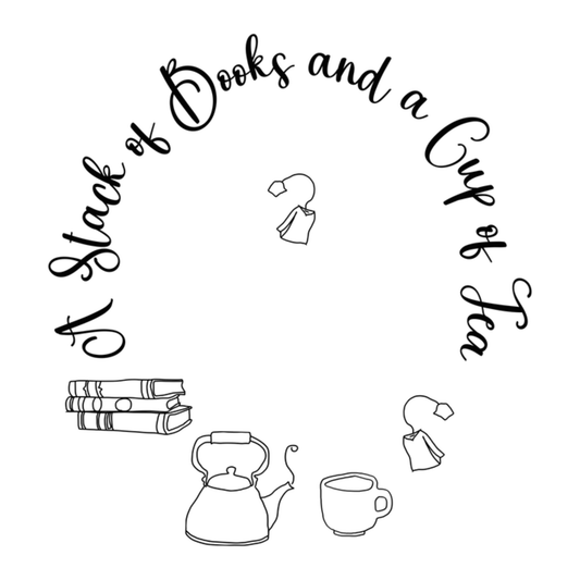 Illustration of books and a teacup with text 'A Stack of Books and a Cup of Tea' on a white background.