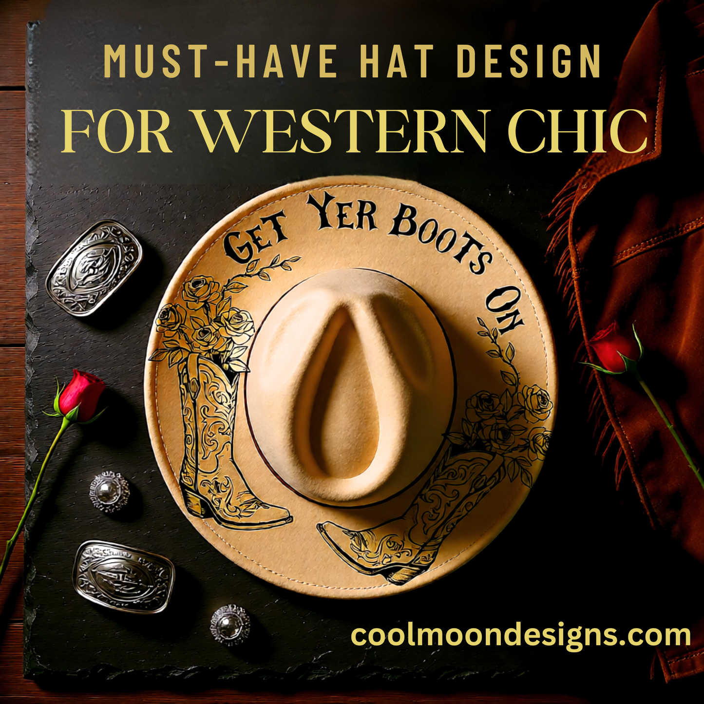 Cowboy hat with 'Get Yer Boots On' design on a dark surface with roses and buckles.