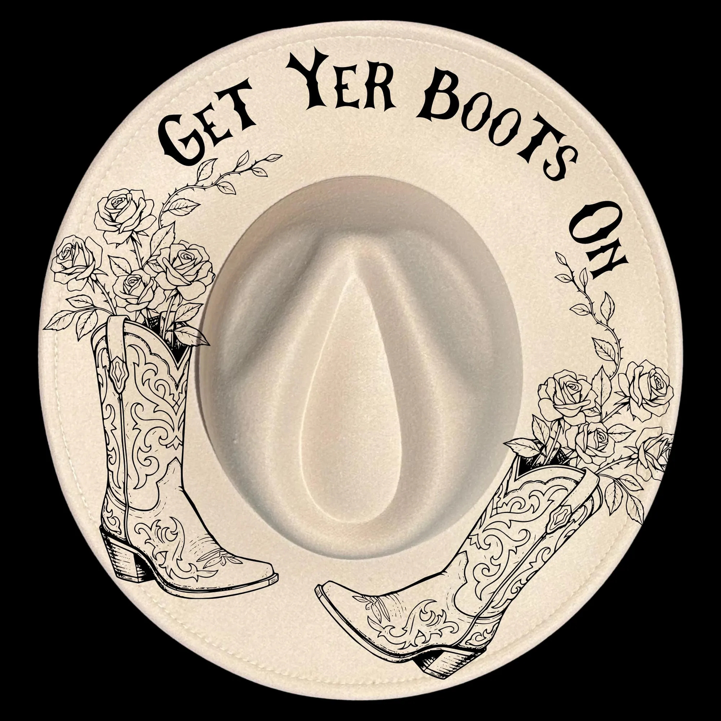 Wide brim hat with cowboy boots, roses, and 'Get Yer Boots On' text on a black background.