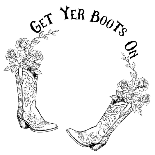 Black and white hat burning design of cowboy boots with floral decorations and 'Get Yer Boots On' text.