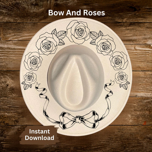 Decorative design of a hat with roses and a bow on a wooden background, labeled 'Bow And Roses'.