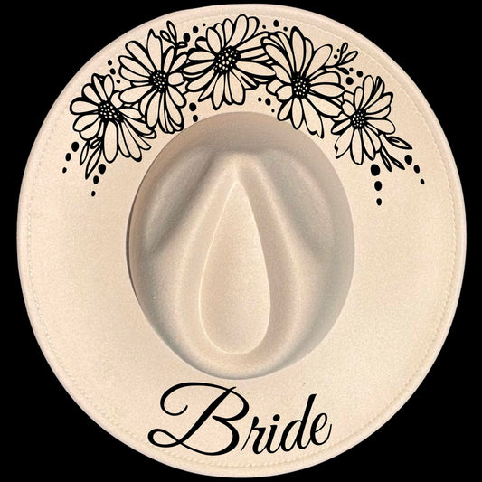 Bride Daisy burned hat burning design on a wide brim hat