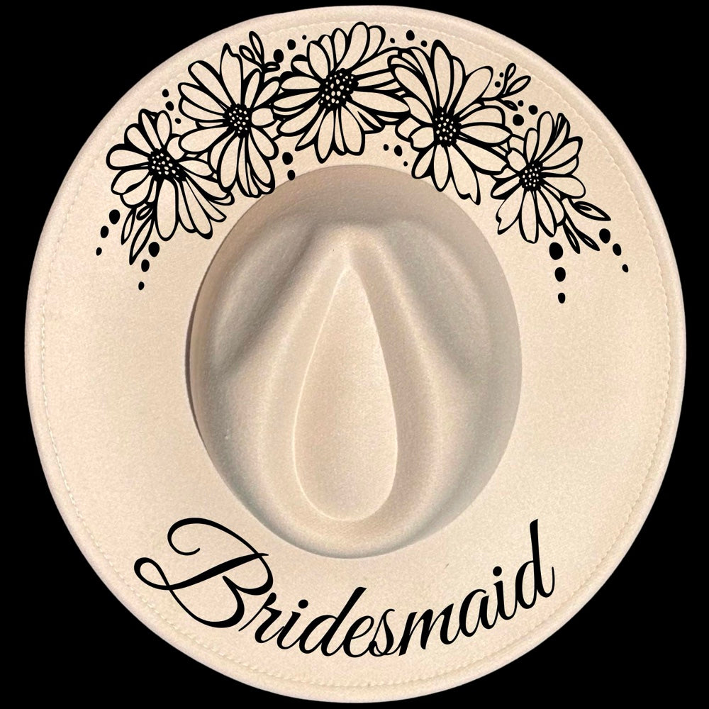 Bridesmaid Daisy burned hat burning design on a wide brim hat