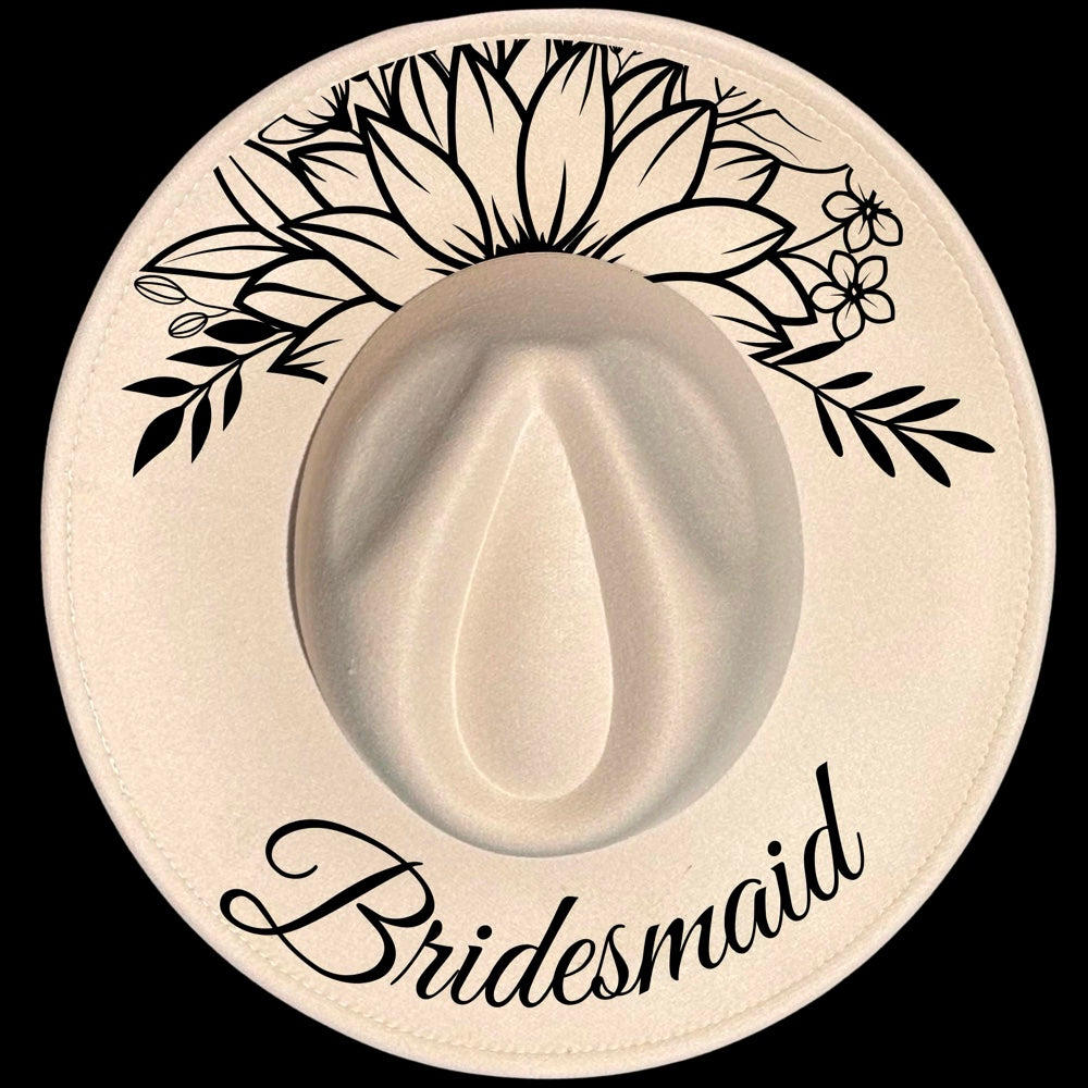 Bridesmaid Large Sunflower burned hat design on a wide brim hat