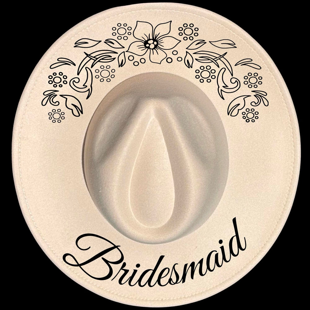 Bridesmaid Periwinkle burned hat burning design on a wide brim hat