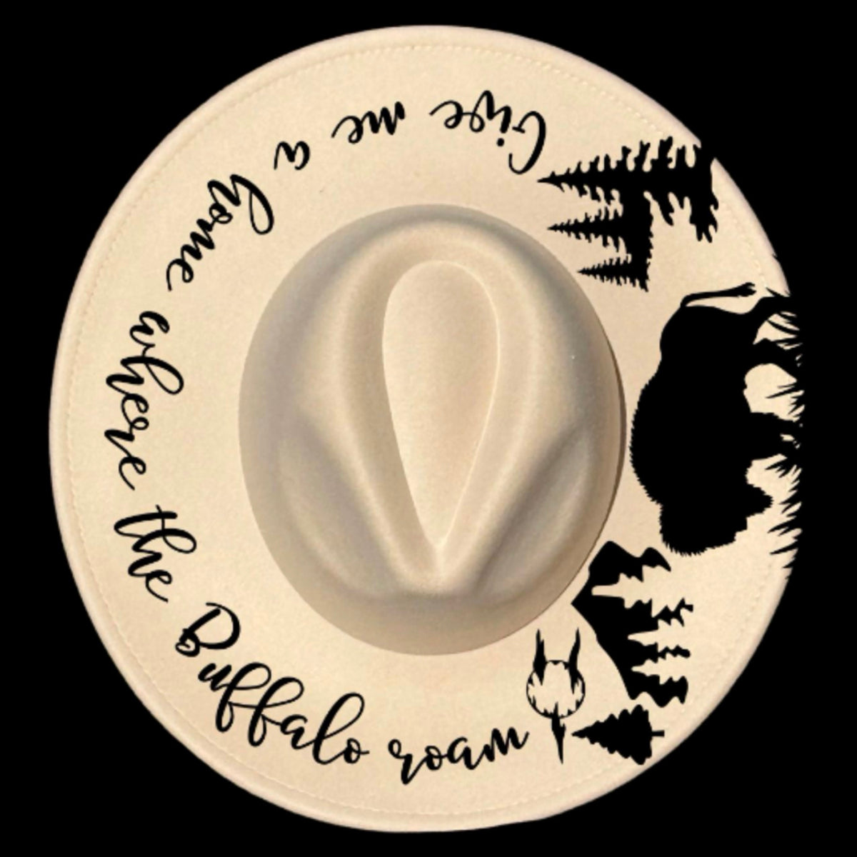Where the buffalo roam design on a wide brim hat