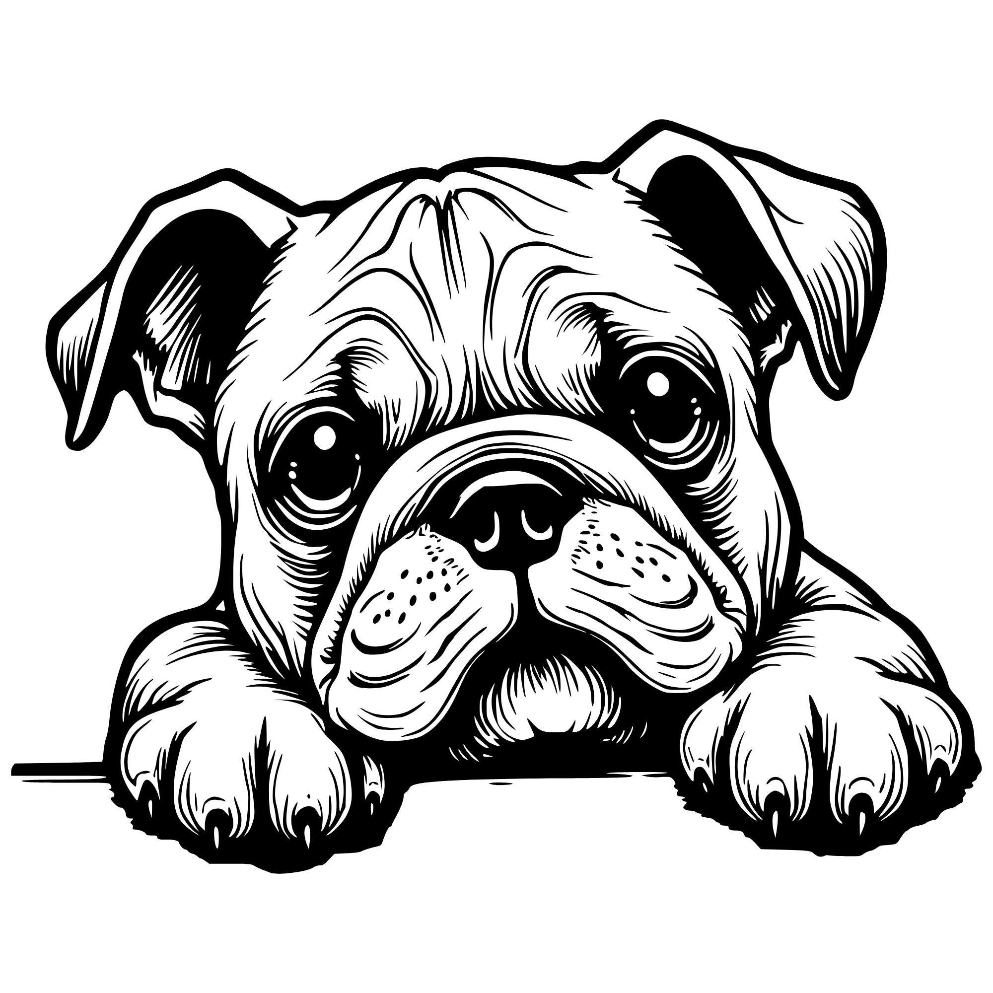 Black and white illustration of a bulldog puppy peeking over a surface