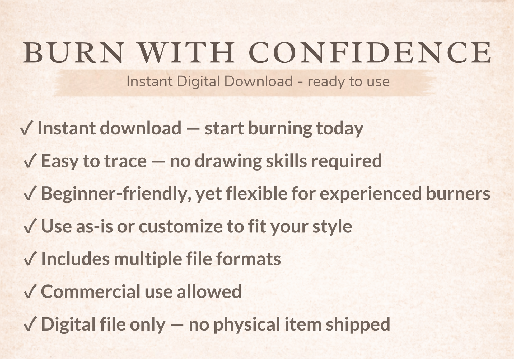 Promotional text for an instant digital download with features on a beige background