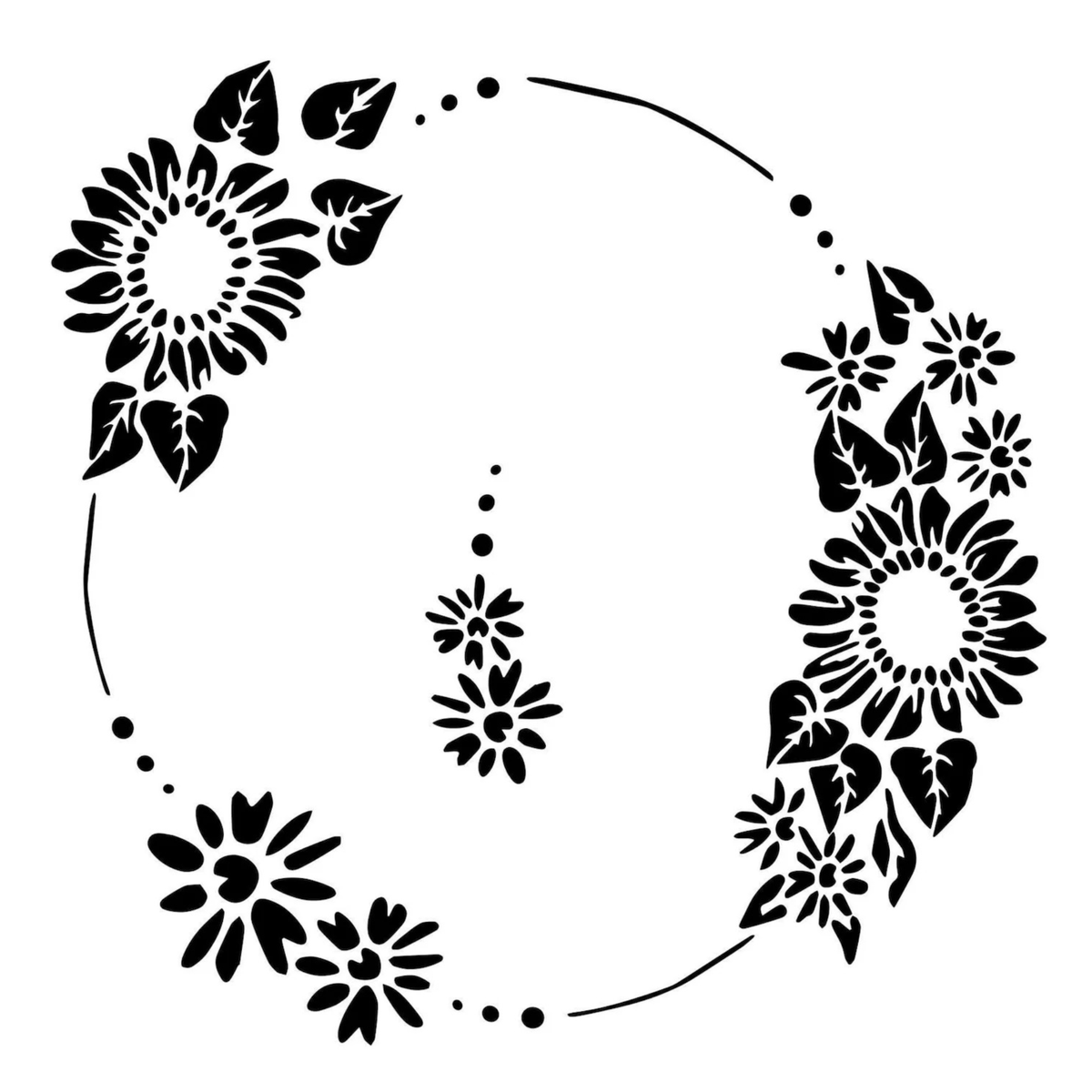 Black floral wreath design on a white background