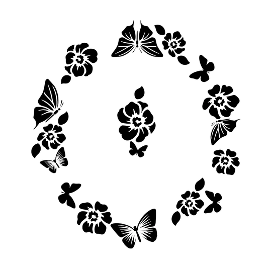 Decorative design of flowers and butterflies in a circular pattern on a white background