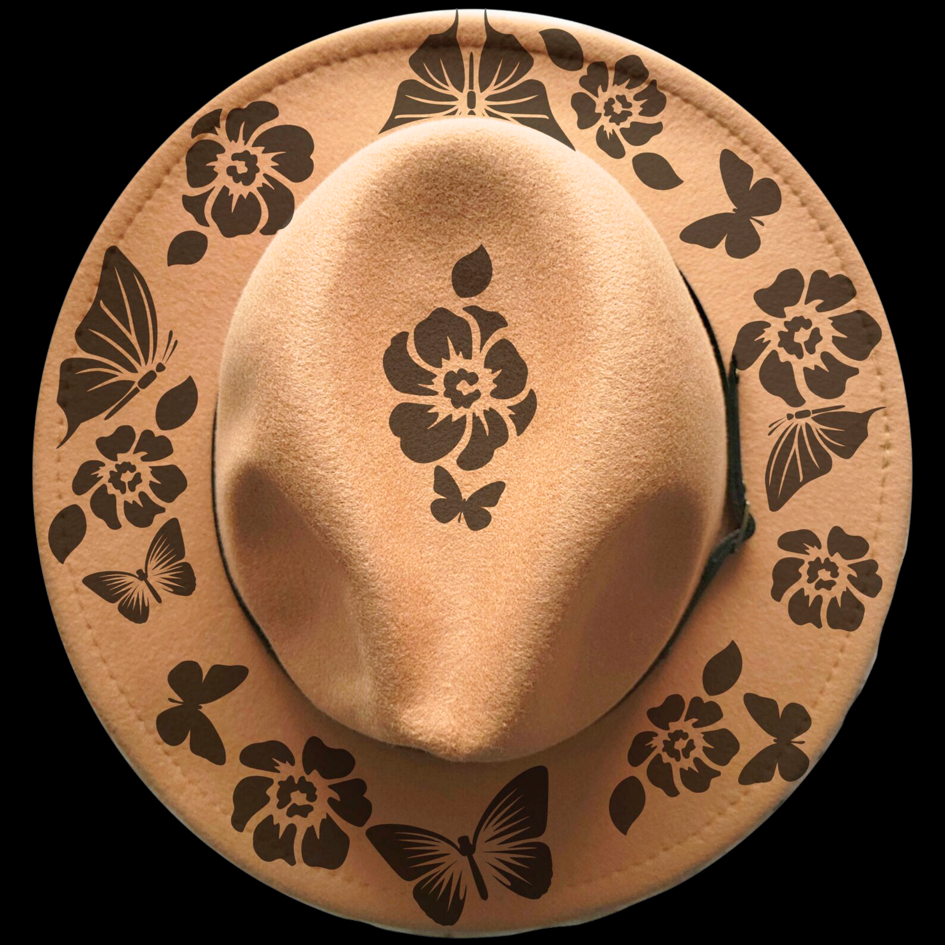 Narrow brim hat with black floral and butterfly patterns on a black background