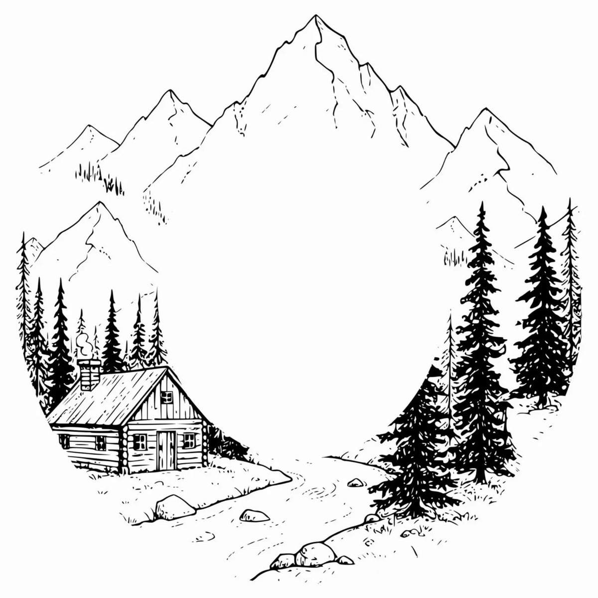 Black and white design of a cabin in the mountains with trees and rocky terrain.