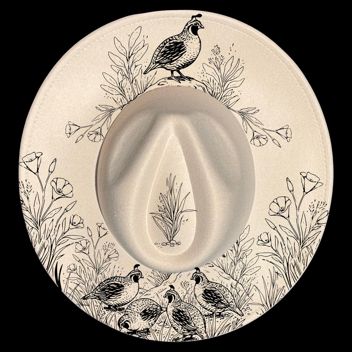 Wide brim hat with black line art of birds and plants on a black background