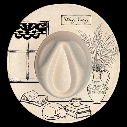 Decorative wide brim hat with a teacup, books, cat, and plant illustration with 'Stay Cozy' text.