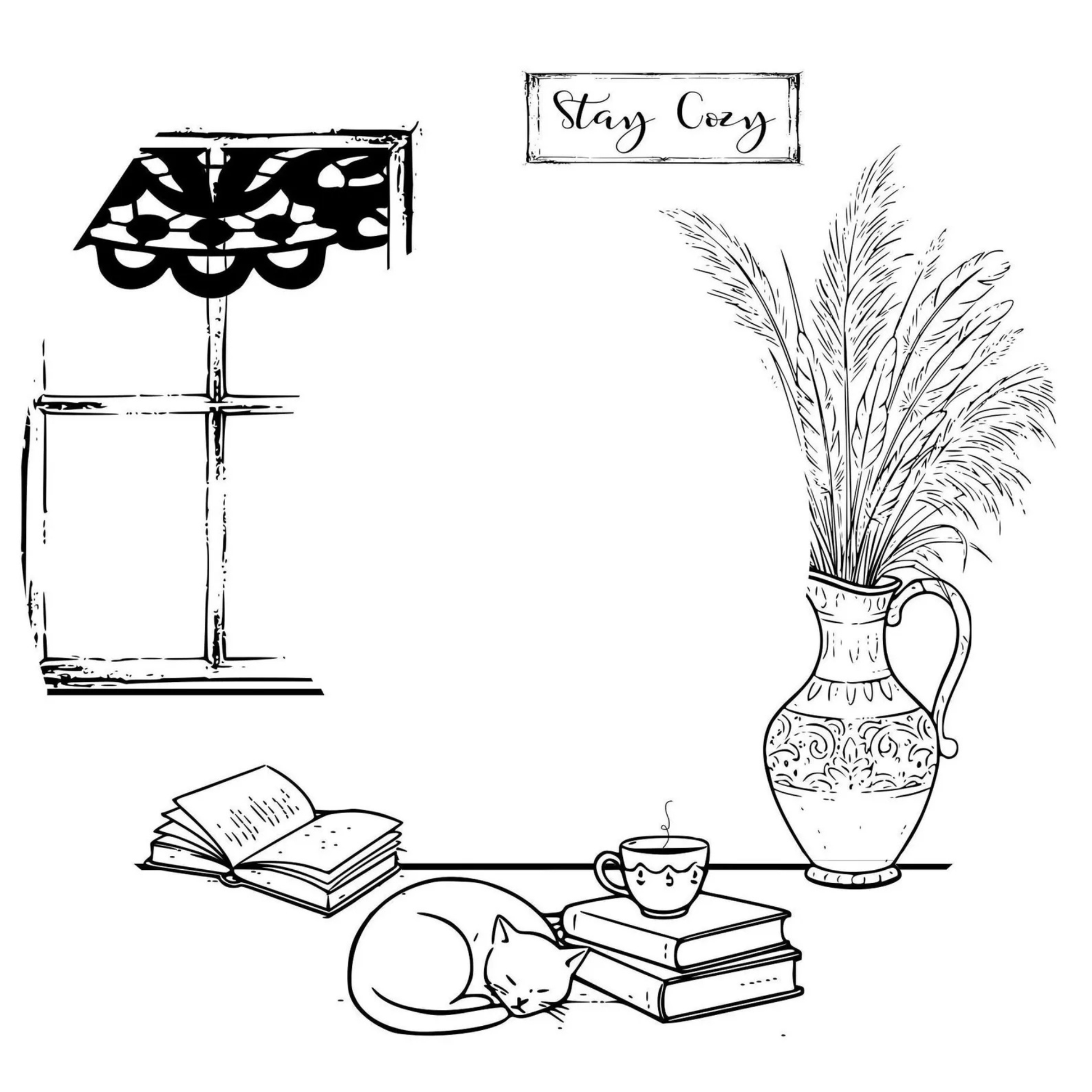 Illustration of a cozy indoor scene with a cat, a window, plant, books, and a cup.