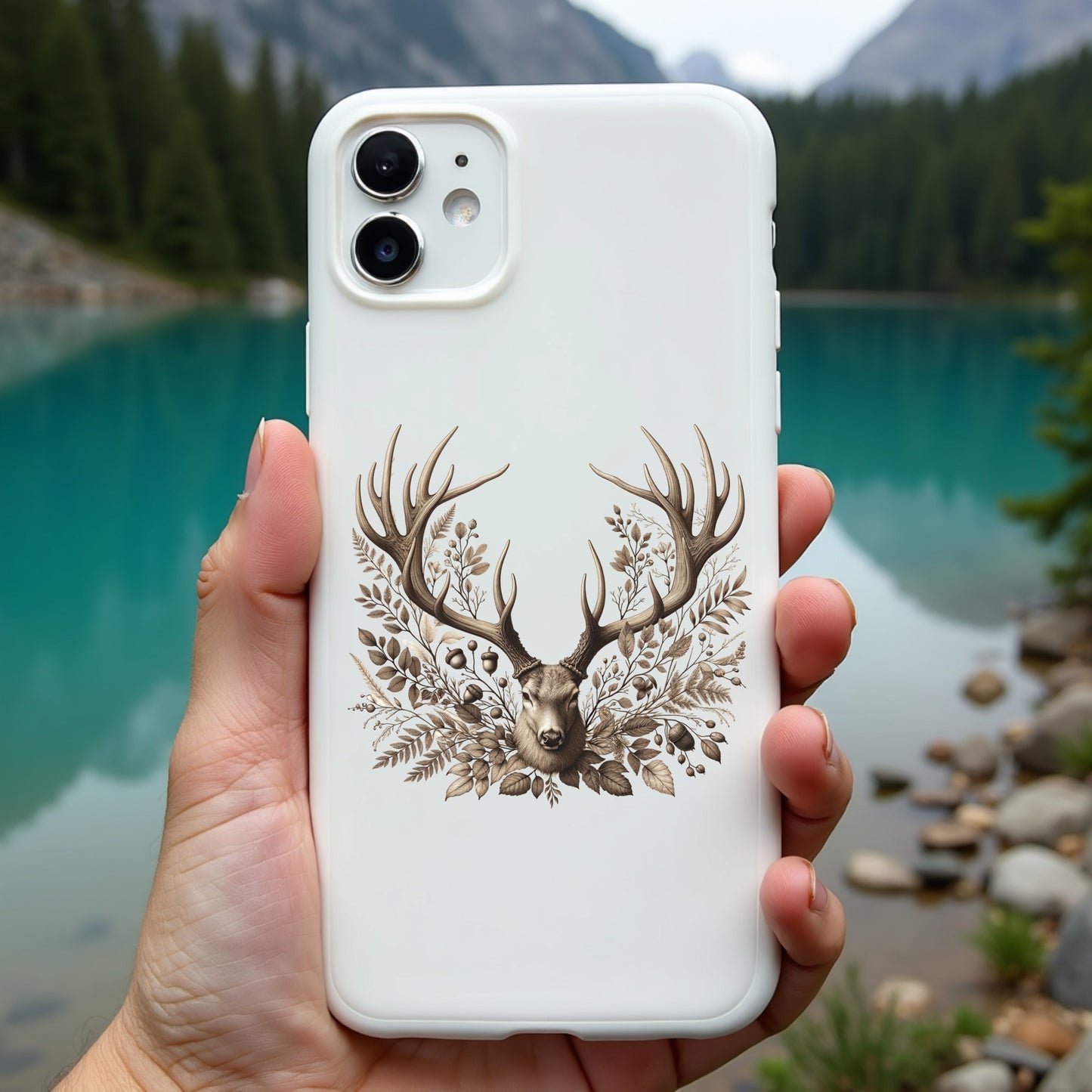 Phone case with deer design held in front of a scenic lake and mountains
