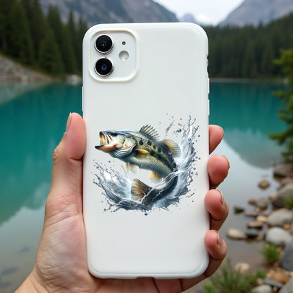 Phone case with a smallmouth bass fish design held in front of a scenic lake and mountains.