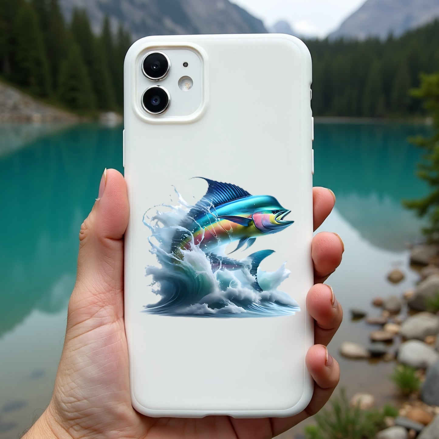 Phone case with a colorful mahi mahi design held in front of a scenic lake.