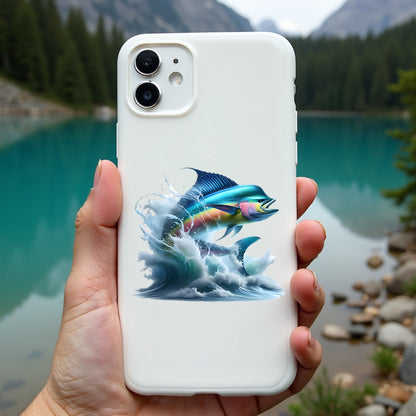 Phone case with a colorful mahi mahi design held in front of a scenic lake.