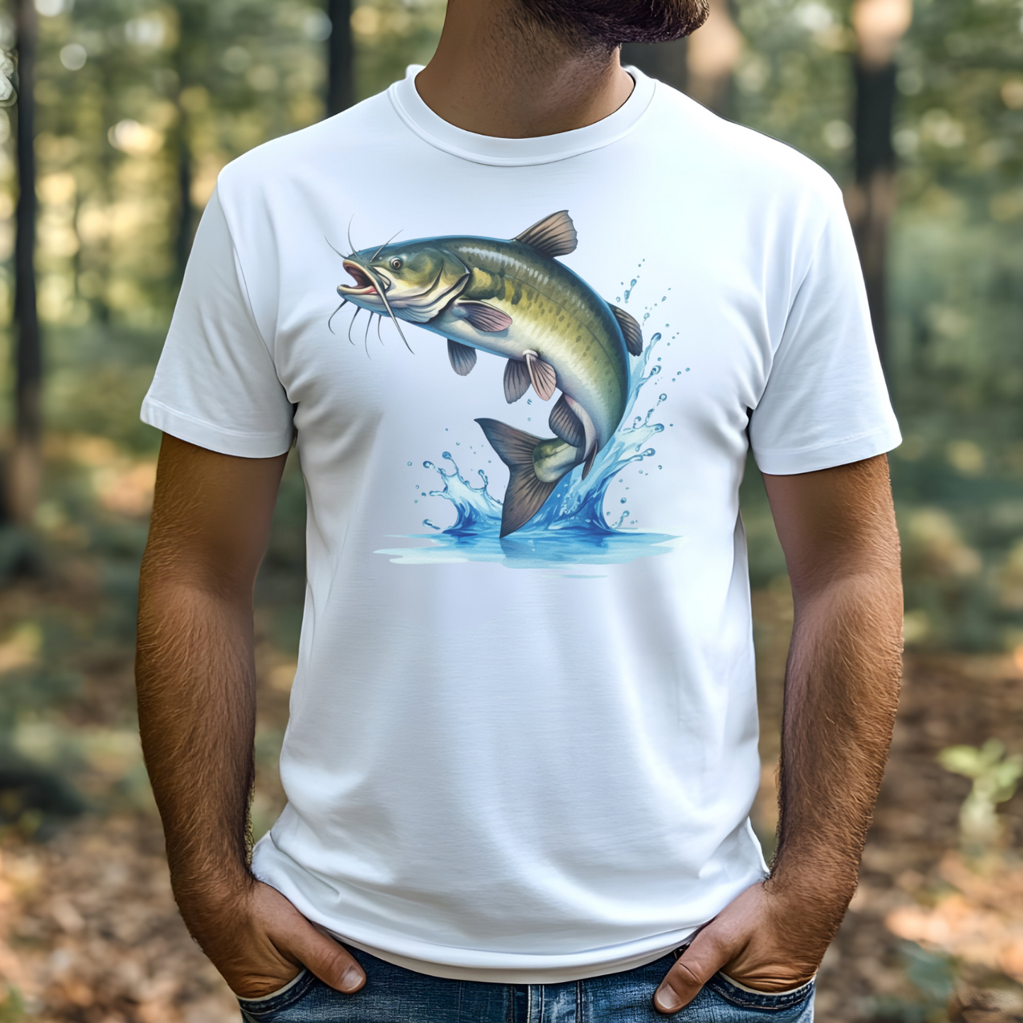 Channel Cat Fish PNG digital design on a man's white t-shirt