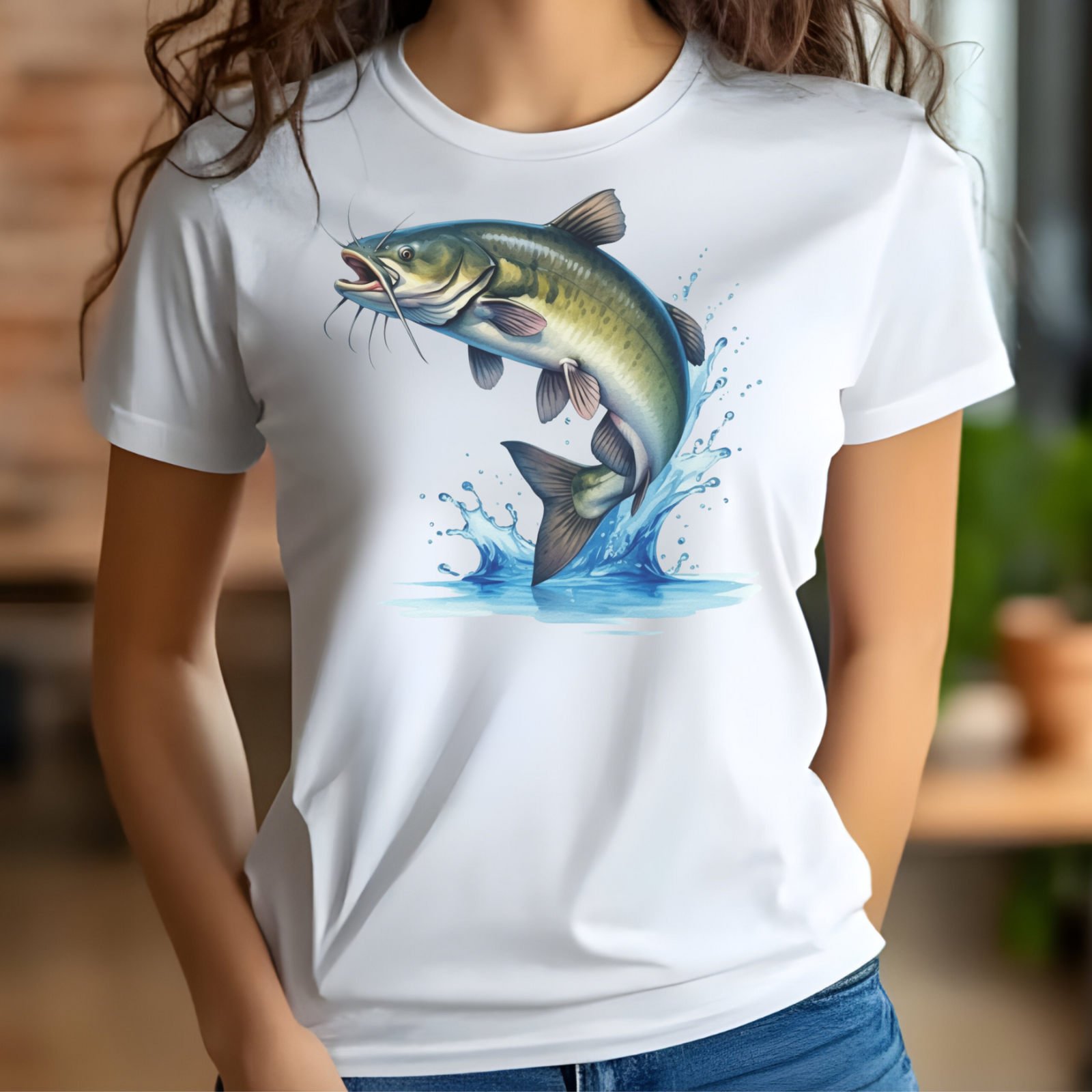 Channel Cat Fish PNG digital design on a woman's white t-shirt