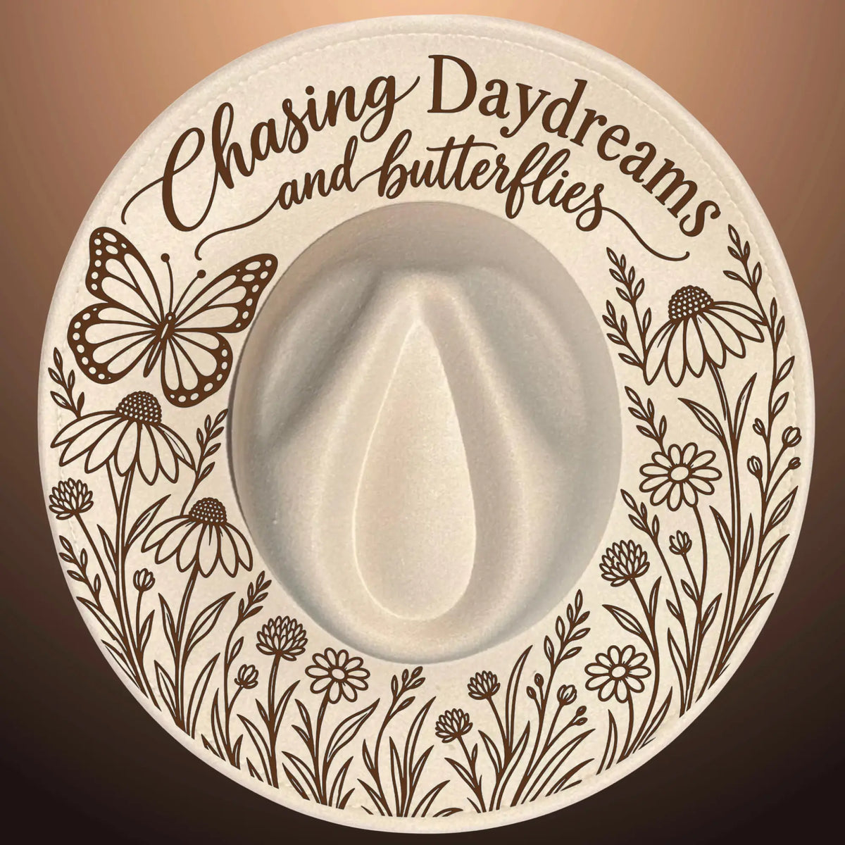 Chasing Daydreams and Butterflies design on a wide brim hat