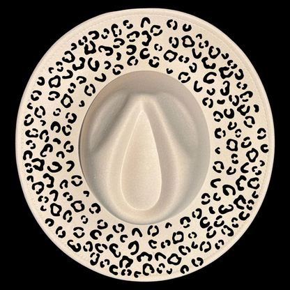 A wide brim hat with a leopard print design on a black background