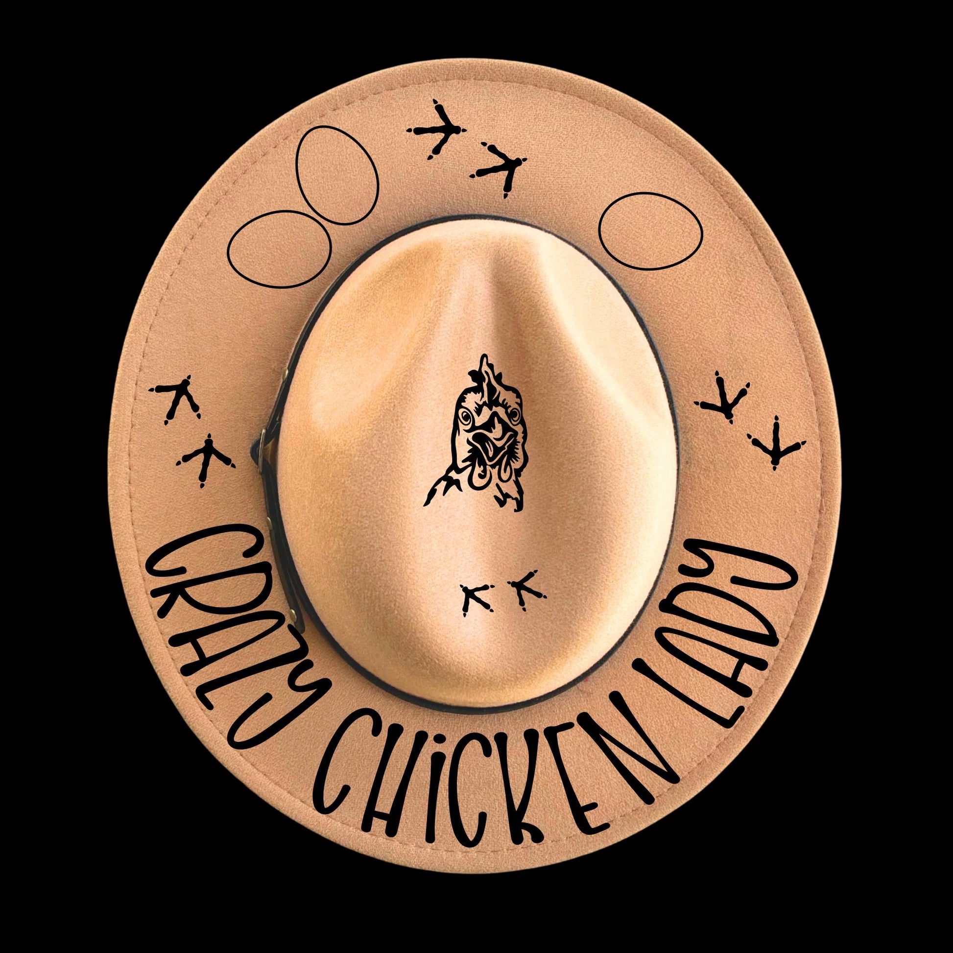 Narrow brim hat with 'Crazy Chicken Lady' text and chicken illustrations on a black background